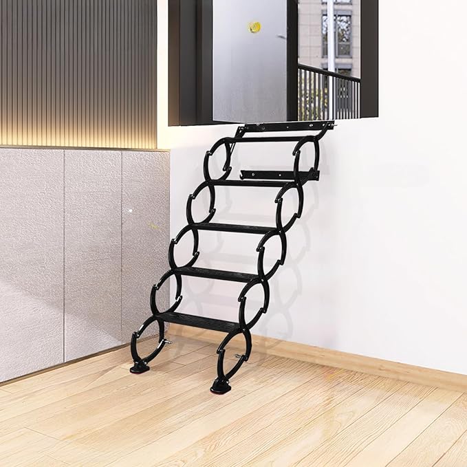 5 Steps Wall Mounted Attic Ladder, Indoor Attic Stairs Pull Down System, Metal Telescoping Step Ladders, Anti-slip Retractable Folding Stair, Loft Extension Steps Staircase for Garage (black, 5 Steps)