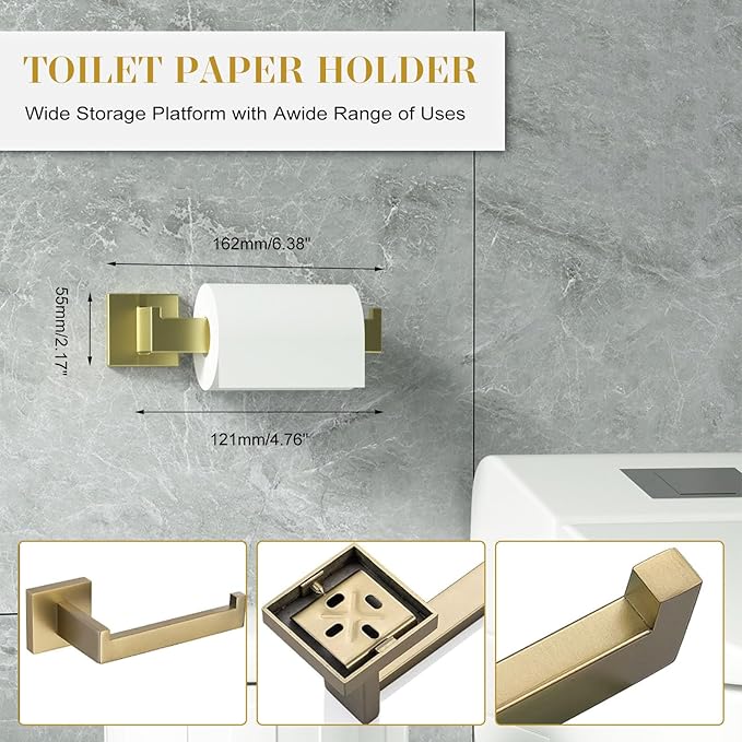 Bathroom Accessory Towel Bar Set: 5 Pieces Gold Bathroom Hardware Square SUS304 Stainless Steel - 24 Inch Wall Mounted Towel Rack&Toilet Paper Holder&Towel Ring and Towel Hook