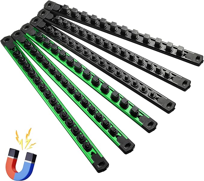 Magnetic Socket Organizer, 6-Piece Heavty Duty Aluminum Socket Holder, Socket Rail for Tool Box, Premium Quality 360° Swivel Socket Rack Kit with 80 Clips for 1/2, 3/8, 1/4-Inch(Black&Green)