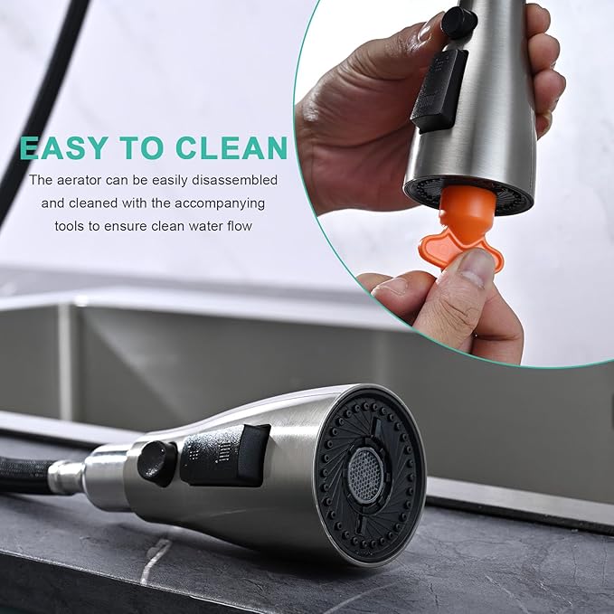 Metal Kitchen Faucet Head Replacement, 3-Function Pull Down Spray Head for Kitchen Faucet, High Pressure Sink Spray Nozzle with 9 Adapters Compatible with American Standard, Brushed Nickel