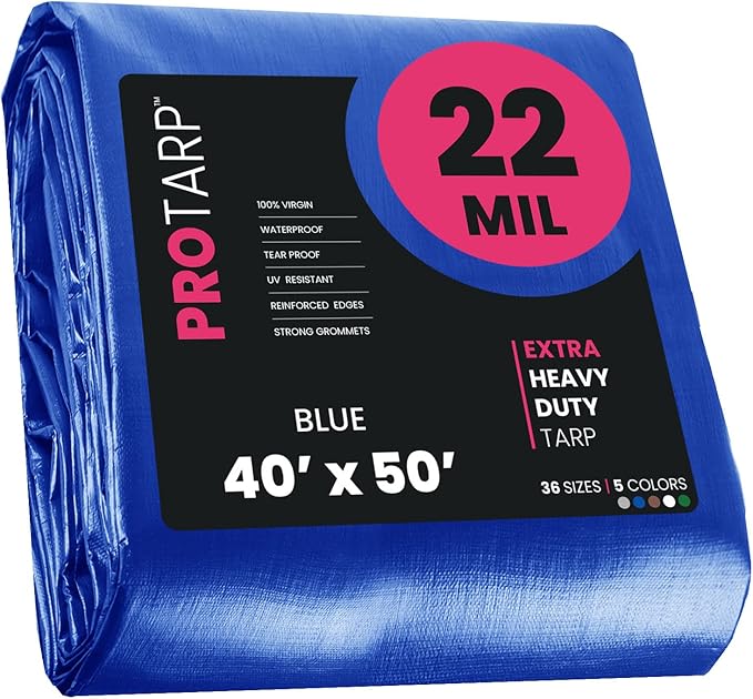 PROTARP Extreme Heavy Duty 22 Mil Tarp Cover, Waterproof, UV Resistant, Rip and Tear Proof, Poly Tarpaulin with Reinforced Edges for Roof, Camping, Patio, Pool, Boat. (Blue 40′ X 50′)