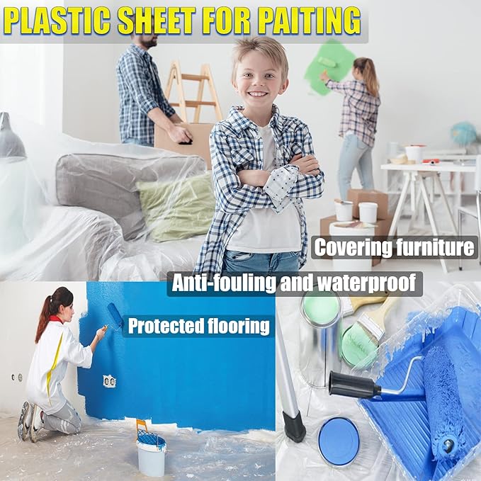 20 Pieces Plastic Drop Cloth, Multiple Waterproof Cloth Sheets for Painting, Dust-Proof and Rustproof, 9x12 Feet Tarp, Furniture Cover