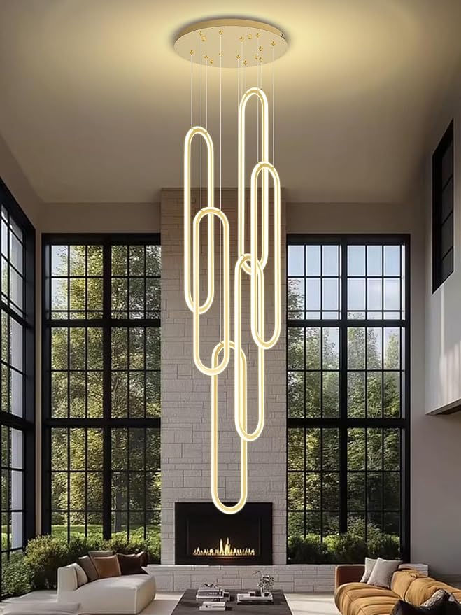 Flashing God H138 Modern Chandelier 6-Rings Large Chandelier for High Ceiling Led Dimmable Ring Pendant Lighting Gold Contemporary Chandeliers for Villa Foyer Entrance Living Room