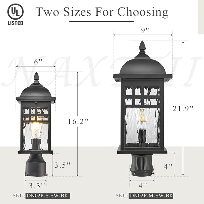 Outdoor Post Lights Black Exterior Pillar Lamp Aluminum Lamp Body and Water Ripple Glass Shade 22 Inch Height Outdoor Post Lighting Fixture for Yard Pathway and Driveway