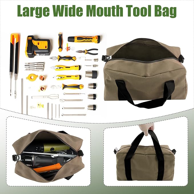 Small Tool Bag,Close Top Wide Mouth Tool Organizer Bag,Large Capacity Tool Bags for Men,Canvas Tool Storage Bag for Storage Handbag for Screwdrivers,Wrench,Pliers Hand Tools (Khaki, 18 Inch)