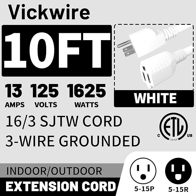 16/3 White Indoor Outdoor Extension Cord 10 Ft Waterproof, Heavy Duty Extension Cord with 3 Prong Grounded Plug,13A 1625W 16AWG SJTW, Flexible Weatherproof Power Cable