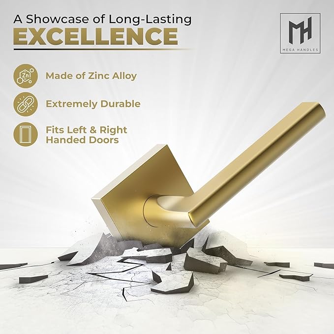 Mega Handles Prime Dummy Door Handles - 6 Pack Heavy Duty Gold Door Handle, Non-Turning Door Handle for Hallway, Closet & French Doors, Single Side, Fits All Standard Doors - Satin Brass