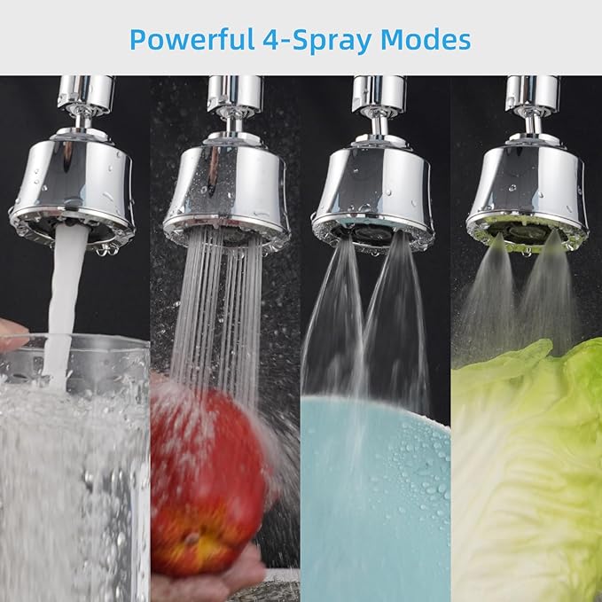 iFealClear Kitchen Sink Faucet Head, 360° Faucet Sprayer Attachment, 55/64-27UNS Large Angle Faucet Aerator Adapter with 2 Metal Swivel Joints, 4 Spray Modes, Extra 15/16" Male Thread Adapters, Chrome