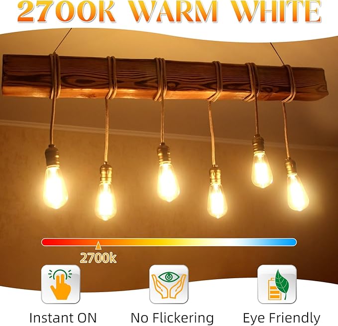 Edison Bulbs, E26 LED Bulb 60 watt Equivalent, Non-Dimmable, 2700K Warm White, ST58 Vintage Light Bulbs, 90+ CRI, E26 Medium Base, Clear Glass, 6 Pack
