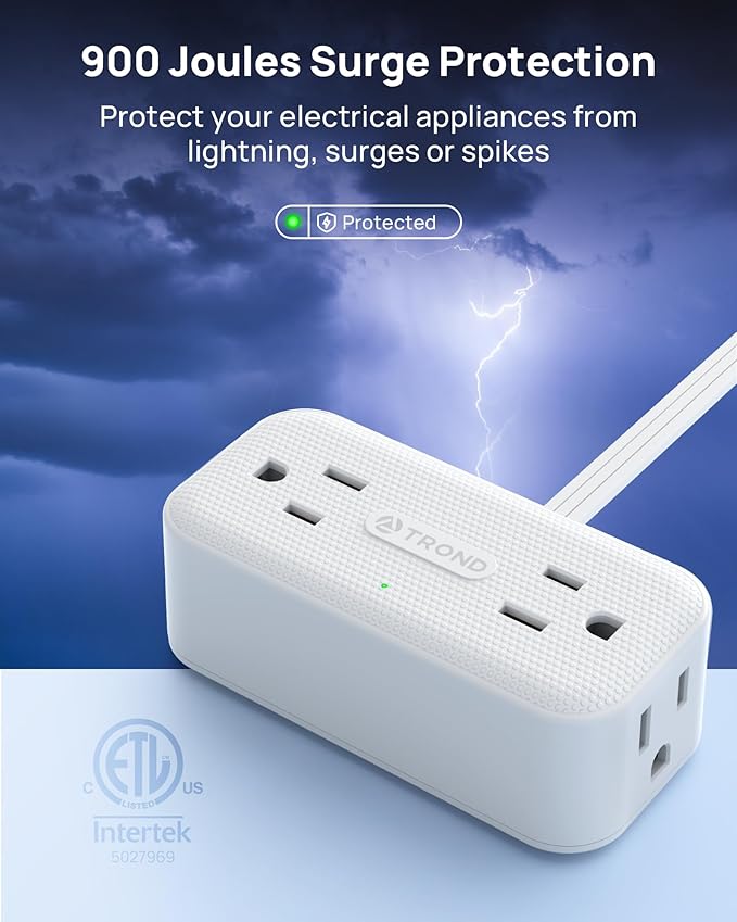 TROND 360° Rotating Plug 1.5FT Extension Cord, 4 Widely Spaced AC Outlets, Flat Plug Surge Protector, Wall Mount, Surge Protection Power Strip for Travel Kitchen Dorm Room Essentials, White