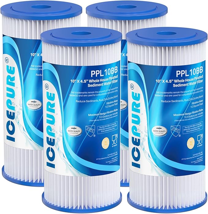 ICEPURE 20 Micron 10" x 4.5" Whole House Sediment Pleated Water Filter Replacement for GE FXHSC, Culligan R50-BBSA, Pentek R50-BB, DuPont WFHDC3001, W50PEHD, GXWH40L, GXWH35F for Well Water, 4PACK