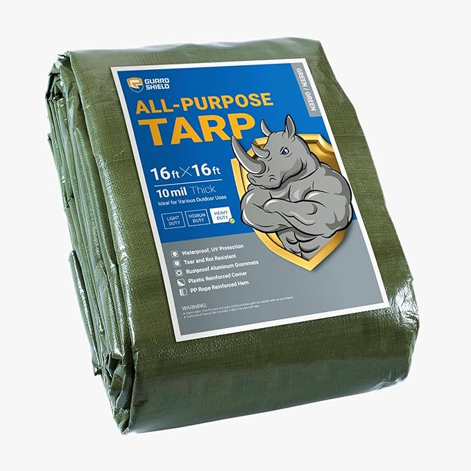 GUARD SHIELD Heavy Duty Tarp 16x16 Feet Green Multi Purpose Thick Waterproof Poly Tarp Cover 10mil