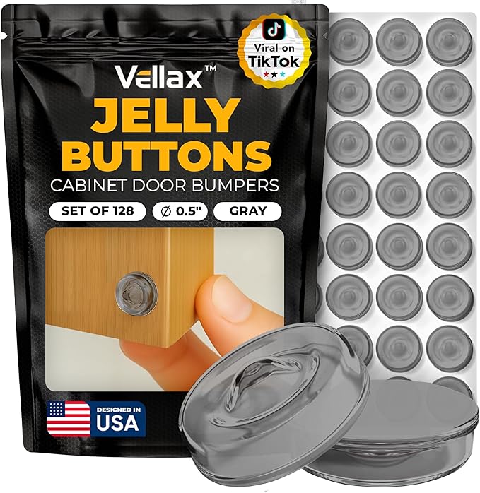 128 Self Adhesive Cabinet Door Bumpers – Sticky Grey Silicone Rubber Pads for Furniture Drawers, Kitchen Cabinets, Decor, Wall Protection – Vellax
