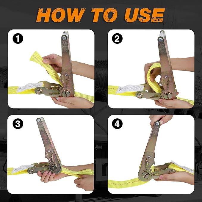 Ratchet Tie Down Strap - 4 Pack 2" x 27' Heavy Duty Ratchet Straps with Aluminum Handle, Cargo Straps for Moving Appliances, Lawn Equipment, Motorcycle in a Truck Yellow