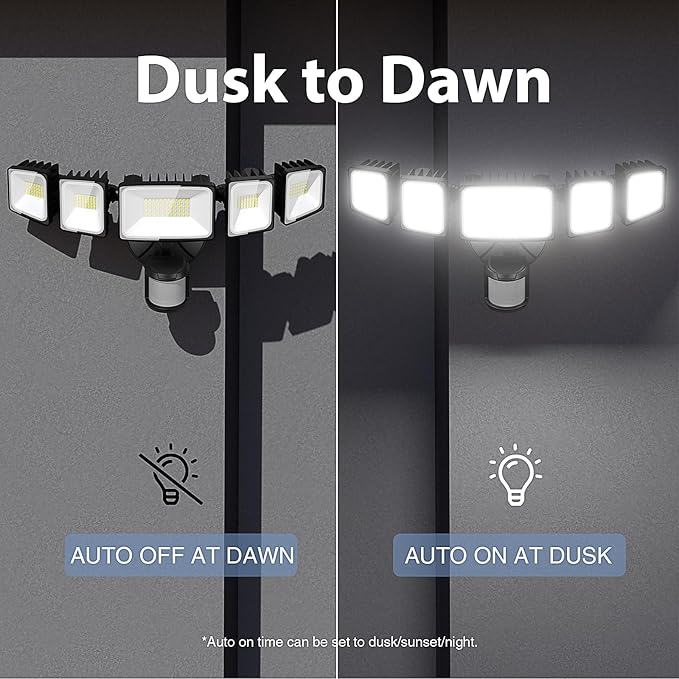 Onforu 120W 12000LM LED Security Lights Motion Sensor Outdoor, Dusk to Dawn Flood Lighting, 5 Heads 360° Wide Angle Illumination, 6500K IP65 Waterproof Hardwired Floodlight Motion Detection (Black)