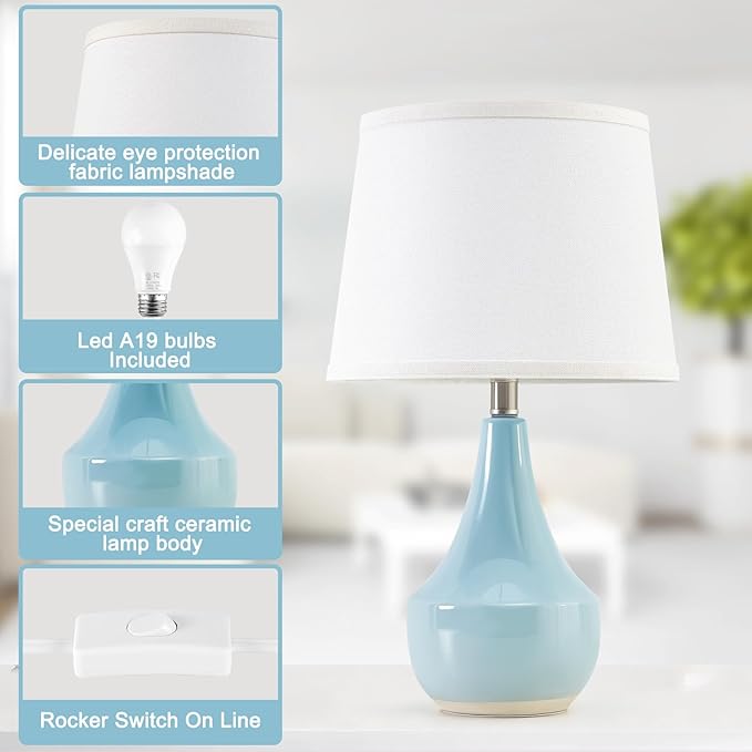 GyroVu Table Lamp Set of 2, 18.63” Ceramic Lamp Classic Beside Lamps Nightstand Lamp Modern Cute Lamp for Living Room, Bedroom & Office Rocker Swtich Sky Blue-LED Bulbs Included