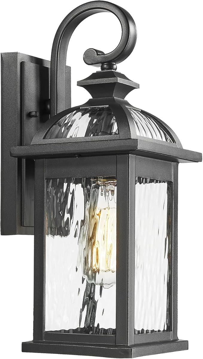 Darkaway Outdoor Lights Fixture Wall Mount, Exterior Wall Light with Water Ripple Glass Waterproof Black Outside Wall Sconce for House Porch Hallway Garage