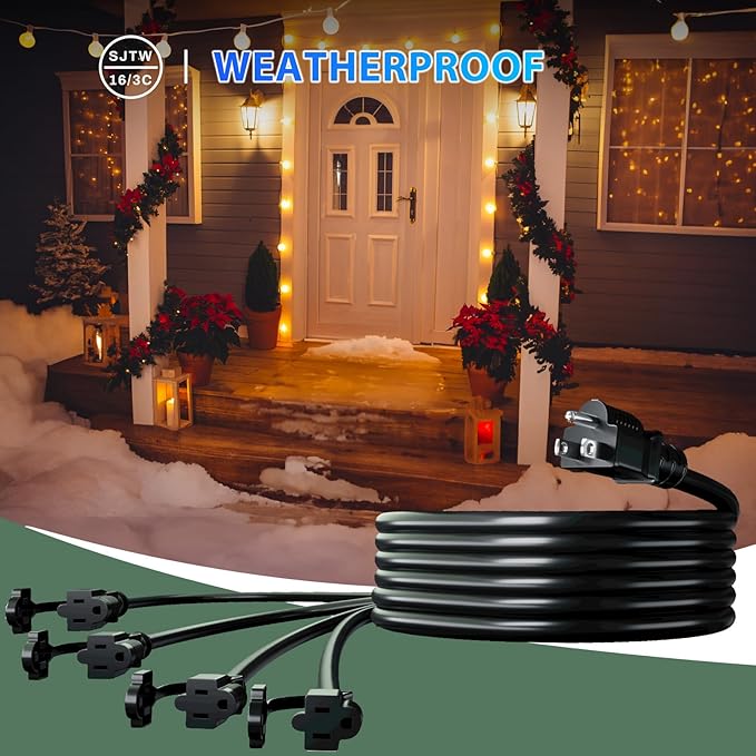 K KASONIC - 31FT Halloween Lights Outdoor Extension Cord with Mutil Outlets, ETL Listed Heavy Duty Electrical Cord with Protective Covers, Weatherproof Extension Cord for Outside, 16AWG/1625W, Black