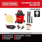 CRAFTSMAN CMXEVBE18590 9 Gallon 4.25 Peak HP Wet/Dry Shop Vac, Portable Shop Vacuum Wet and Dry with Filter, 3 Dust Bags, Hose and Attachments for Home, Garage and Automotive Cleaning