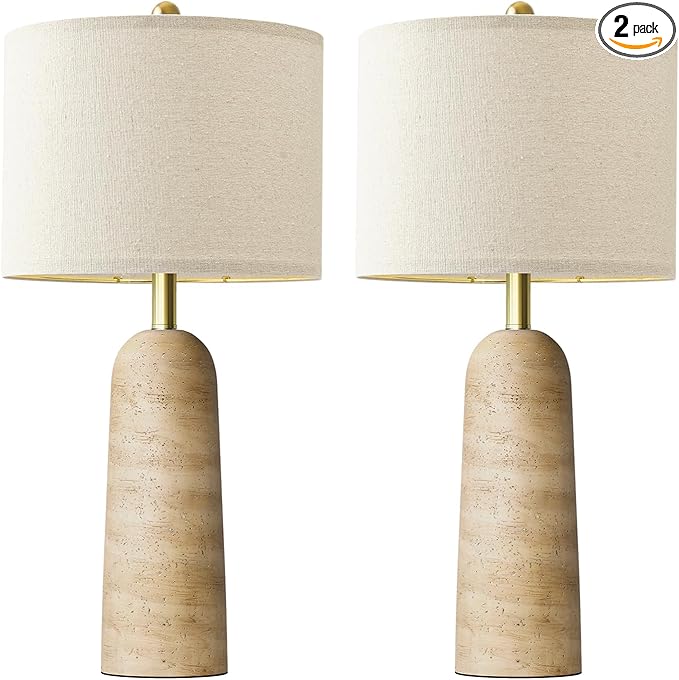 BOBOMOMO 27.25" Modern Table Lamp Set of 2, Beige Resin Lamp with Natural Stone Look, Travertine Lamps for Living Room with Linen Shades, Bedside Lamp for Bedroom, Living Room, Nightstand, Entryway