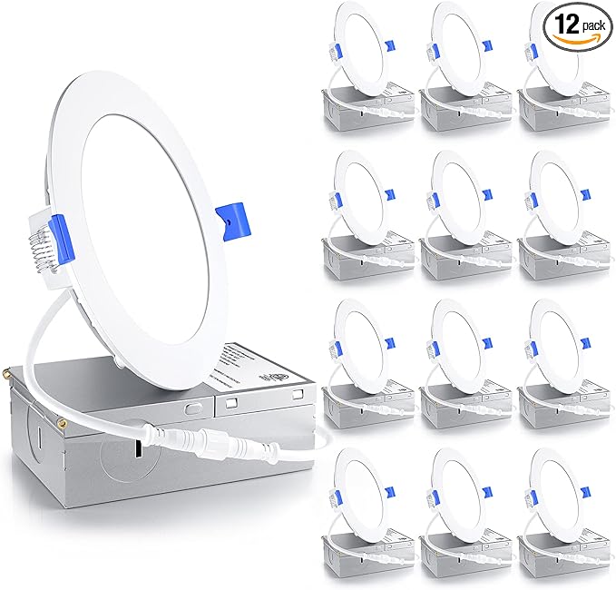 Ensenior 12 Pack 4 Inch LED Recessed Light, Dimmable, 2700K Soft White, 750LM High Brightness, 9W 120V, 2 Pin, ERL-9X-ETL, Damp Rated, Ultra-Thin Canless Wafer Ceiling Light - ETL & FCC & IC