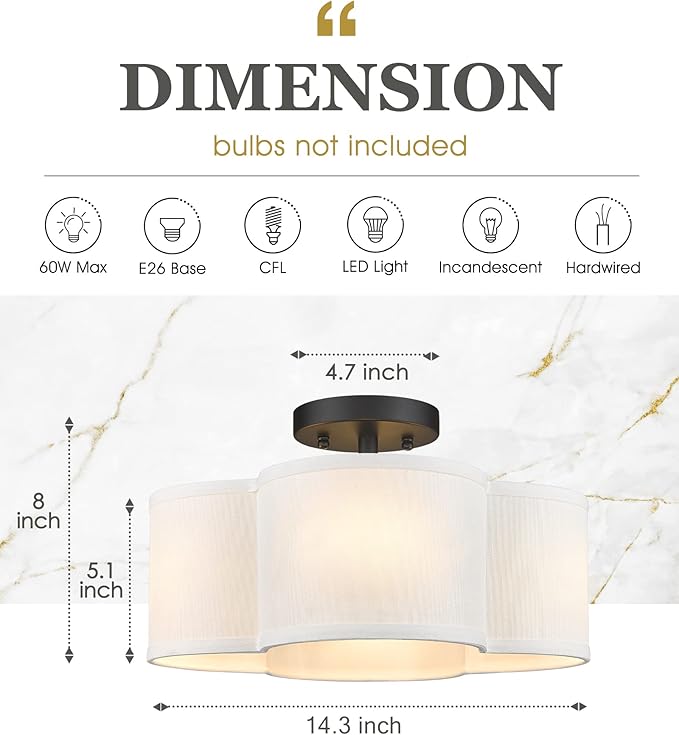 Black Semi Flush Mount Ceiling Light, Close to Ceiling Light Fixtures with Fabric Shade in Quatrefoil Shape, Farmhouse 13-inch Ceiling Light for Kitchen Hallway Bedroom, AD-22007-4SF-BK