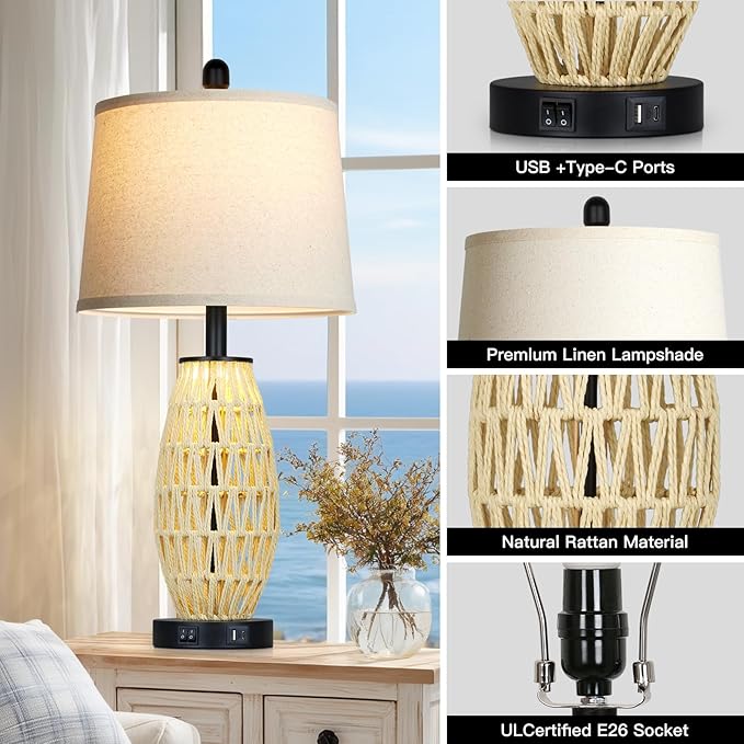 27“ Beige Boho Rattan Table Lamps with Night Light, Natural Bedroom Lamps Set of 2 with USB A+C Charging Ports, Rustic Farmhouse Woven Wicker Bedside Nightstand Lamp for Living Room End Tab