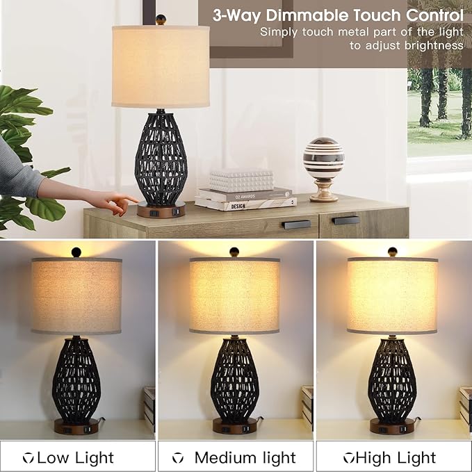 Touch Control Rattan Table Lamps, 3 Way Dimmable Bedside Lamps for Bedroom Set of 2 with 2 USB Ports and AC Outlet, Black Wicker Nightstand Lamps for Living Room (LED Bulbs Included)