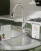 APPASO Brushed Nickel Kitchen Faucet, Single Handle Kitchen Faucet with Pull Down Sprayer, Stainless Steel High Arch, Neoperl Aerator, CUPC-Certified Pull-Out Hose, Water Supplies and Valve Core