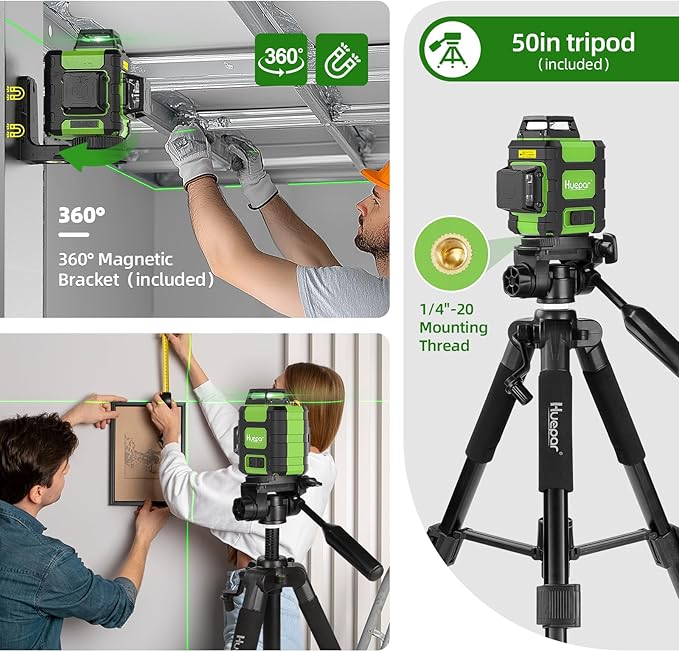 Huepar Laser Level 360° with Tall Tripod, Self Leveling Rechargeable Lazer Leveler for Construction and Picture Hanging, Nivel Laser with Pluse Mode for Outdoor, Hard Carry Case, 50" Tripod, Glasses