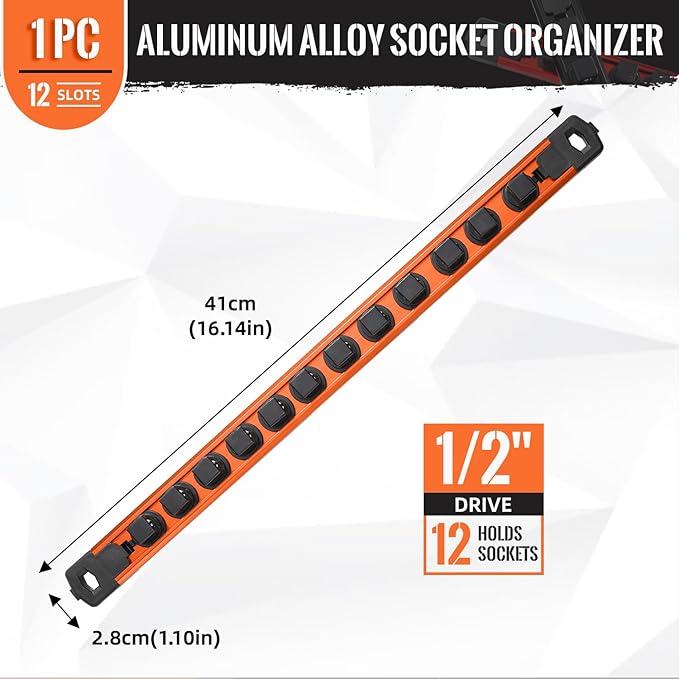 Magnetic Socket Organizer, 1-Piece Heavty Duty Aluminum Socket Holder, Socket Rail for Tool Box, Premium Quality 360° Swivel Socket Rack with 12 Clips for 1/2-Inch(Orange)