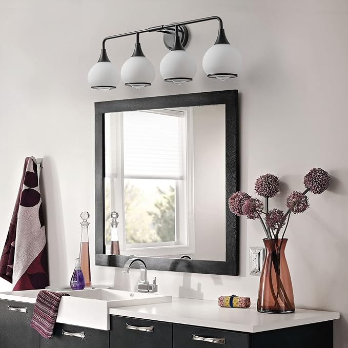 Black Bathroom Light Fixtures 4-Lights Vanity Lights with Milky White Frosted Glass Shade Bathroom Vanity Light 30.7 inch Wall Sconce Lighting Bath(Exclude E26 Bulb)