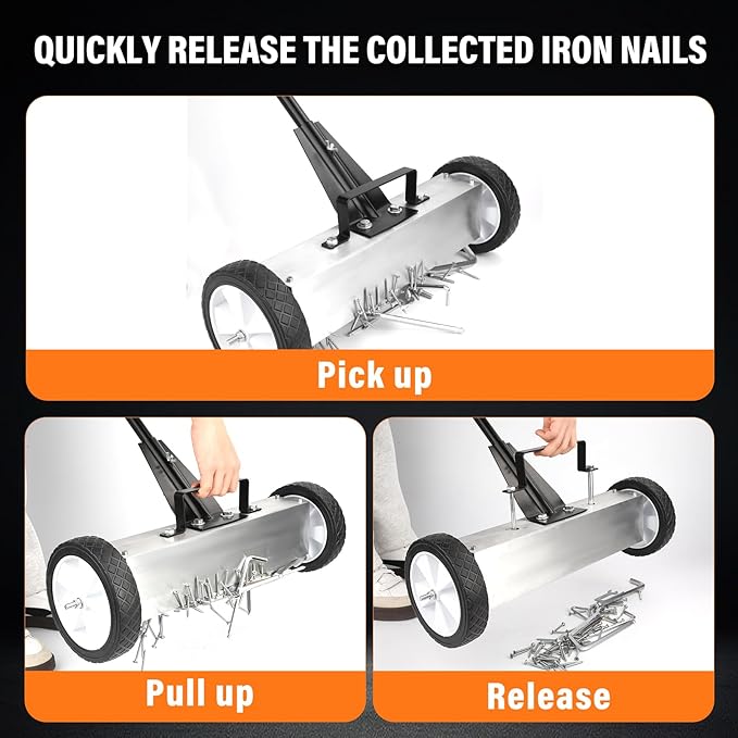 E BAVITE Nail Magnetic Sweeper,17 Inches Heavy Duty Telescopic Magnet Broom Large Rolling Nail Finder Magnet Tools with Wheels Cleanup and Long Adjustable Handle for Construction Yard