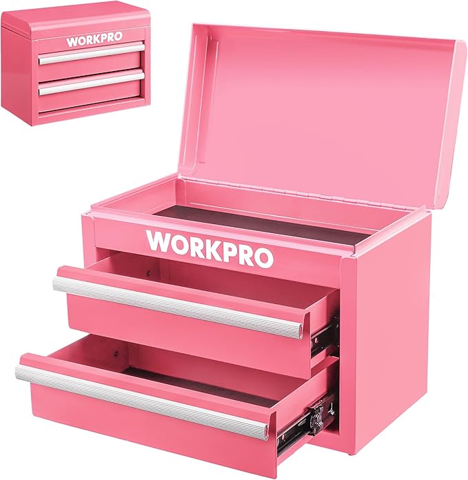 WORKPRO Metal Mini Tool Box, Top Tool Chest containing Two Drawers with Ball Bearing Slides, PVC Drawer Liners and PP Feet Pads, Cold Rolled Steel Small Toolbox for Multi-Purpose Storage - Pink Ribbon