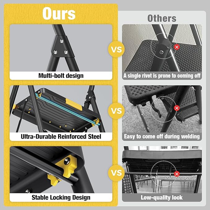 2 Step Ladder, Heavy-Duty Pass 800lb Capacity Test, Wide Anti-Slip Steps & Secure Handrail Compact, Folding Step Stool Portable Design for Home, Kitchen, Office, Pantry, Closet Use, Black