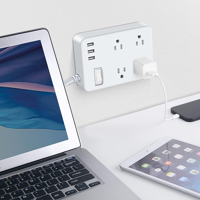 Jgstkcity Outdoor Waterproof Power Strip, 4 Flat Plug Outlets and 3 USB Ports, Mountable Weatherproof Surge Protector, Multi Outlet Extension for Camping, Garden, Kitchen, Bathroom, 6ft Cord (Grey)