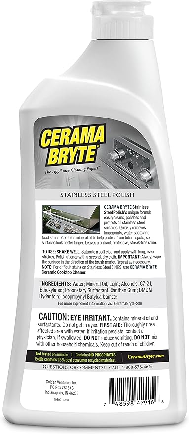 Cerama Bryte Stainless Steel Cleaner for Appliances, Streak-Free Shine and Protection for Refrigerators, Dishwashers, Ovens, and Grills, 16 Fluid Ounce 1 Pack, No Spray Pump