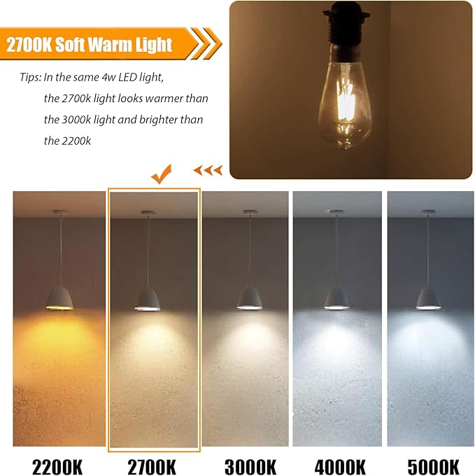 8 Pack Soft White LED Edison Bulbs 40W Equivalent, ST58 4W Vintage LED Light Bulbs for Ceiling Lights, 90 CRI, 450LM, E26 Base, Non-Dimmable, 2700K