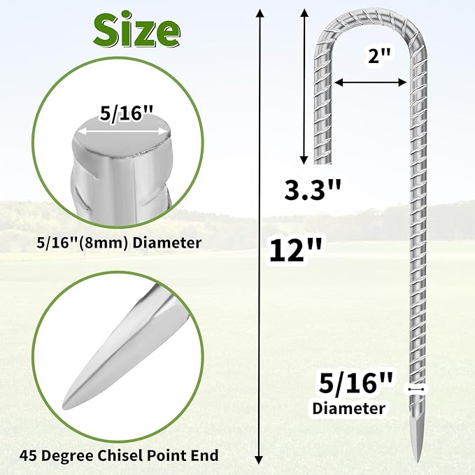 12 Inch Ground Stakes Heavy Duty J Hook 60-Pack Metal Spikes Galvanized Ground Hooks Anchors Rebar Ground Stakes for Fence Tent Gazbo Bounce House and Outdoor Decorations Inflatables