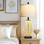 27“ Beige Boho Rattan Table Lamps with Night Light, Natural Bedroom Lamps Set of 2 with USB A+C Charging Ports, Rustic Farmhouse Woven Wicker Bedside Nightstand Lamp for Living Room End Tab