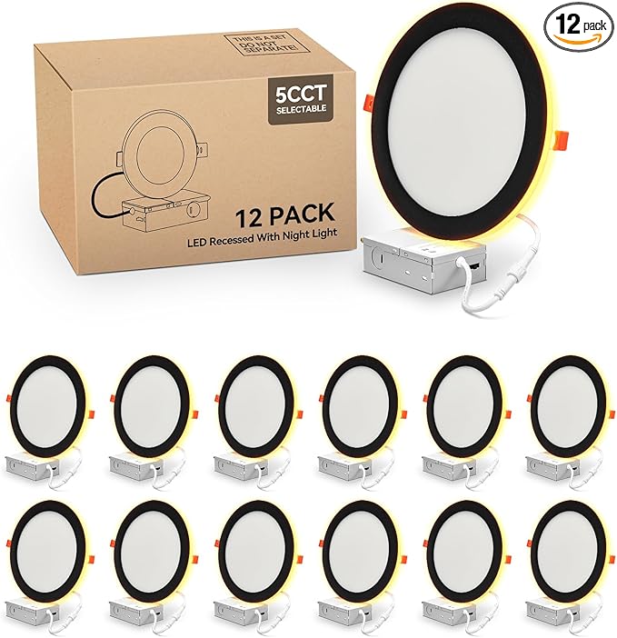 12 Pack Black 8 Inch 5CCT LED Recessed Ceiling Light with Night Light, Dimmable Canless Wafer Downlight, 2700K/3000K/3500K/4000K/5000K Selectable, Ultra-Thin, 15W, ETL