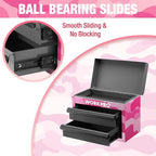 WORKPRO Metal Mini Tool Box, Top Tool Chest containing Two Drawers with Ball Bearing Slides, PVC Drawer Liners and PP Feet Pads, Cold Rolled Steel Small Toolbox for Multi-Purpose Storage - Pink Ribbon