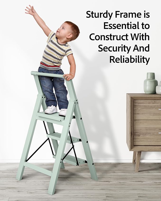 Taranta 3 Step Ladder,Lightweight Aluminum Step Stool with Convenient Handgrip, Folding Ladder with Anti-Slip Pedals, 330lbs Capacity Stepladder for Home, Office, Kitchen-Fairyland Green