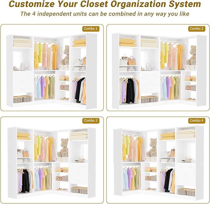 Unikito 86” Closet System, Large Corner Closets Organizer with Hanging Rods and Mirror Design, Freestanding Adjustable Wood Clothes Garment Rack with Drawers, Sturdy Walk in Closet Tower, White