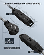 SURAIELEC 10FT 360° Rotating Flat Plug Extension Cord Flat Wall Plug with 3 Outlets, Braided Flat Black Extension Cord for Indoor Use, Small Space, 16/3C SPT, ETL Listed