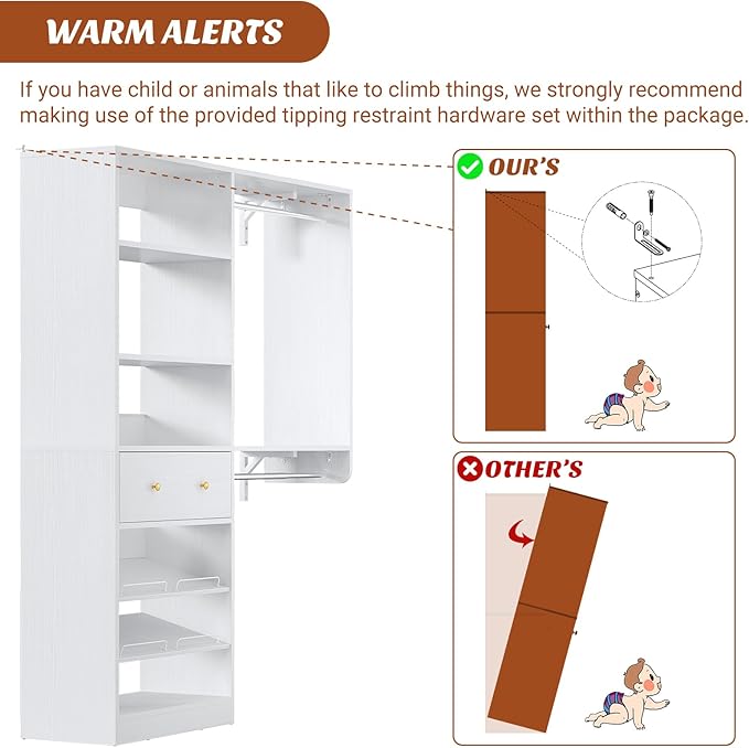 Closet System with Drawer - Reversible 5FT Wood Closet Organizer System with 2 Hanging Rods and Adjustable Shelf, Walk In Closet Organizers with Shoe Rack, Built-In Garment Rack Clothes Rack, White
