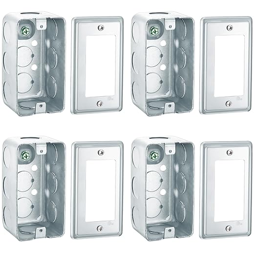 4 Set 8 Pcs 4 x 2'' Electrical Junction Box with Cover 1-7/8" Deep Electrical Box Metal Outlet Box, Receptacle Exposed Work Cover, Ten 1/2'' Knockouts, Drawn Construction, Silver(GFCI)