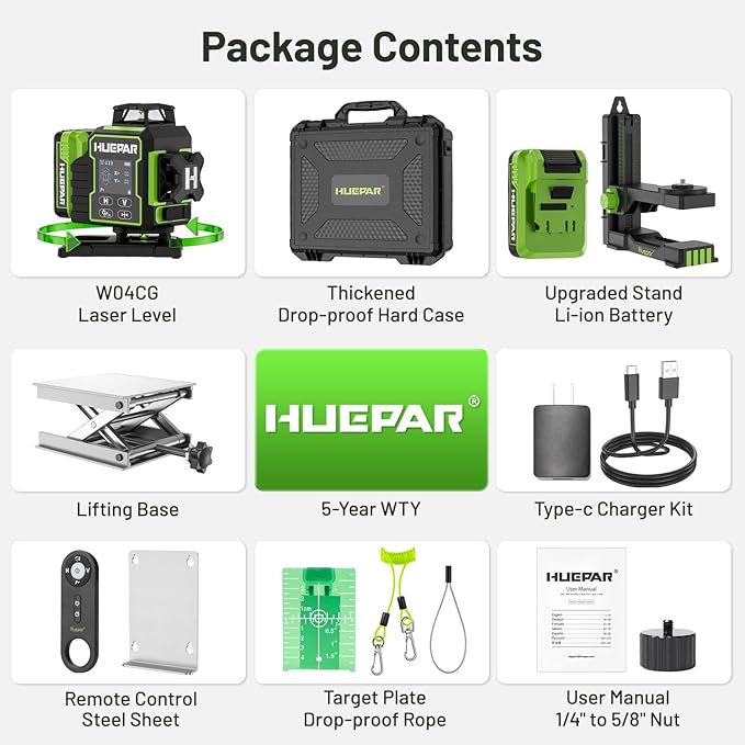 Huepar Laser Level 360 Self Leveling, W04CG Upgraded 4x360° Bluetooth Construction Lazer Leveler Tool with Electric Rotating Base ＆ Large LCD Screen, 4D 16 Lines Green Cross Laser Level