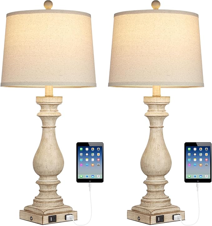 27.5" Farmhouse Table Lamp for Living Room Set of 2,Vintage Bedside Lamps with USB C+A Ports & AC Outlet,3-Way Dimmable Touch Control White Washed Finish Nightstand Lamp for Bedroom,Beige