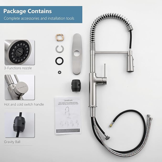 Brushed Nickel Kitchen Faucets, Brass 22 inch Commercial High Arc Single Handle Kitchen Faucets for Pull Down Sprayer Modern Spring with Deck Plate